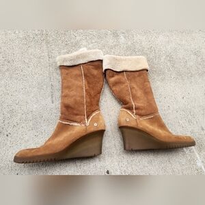 UGG Dark Tan Suede Wedge Boots Fur